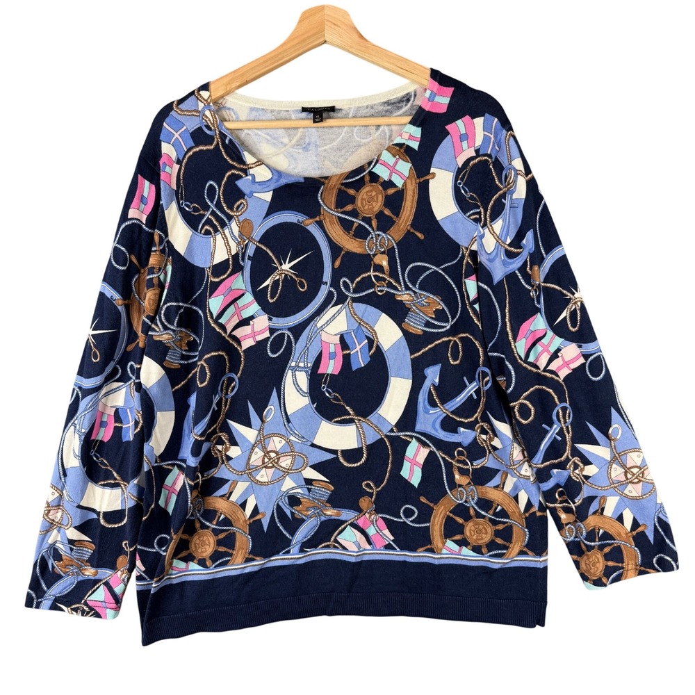 Talbots Nautical Anchor Ship Wheel Life Preserver Sweater Navy Blue Size XL